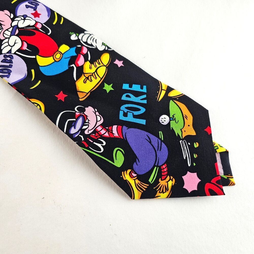 Disney Goofy Golf Necktie Mens Black Novelty Tie Fore Golfing Sports Fun Retro